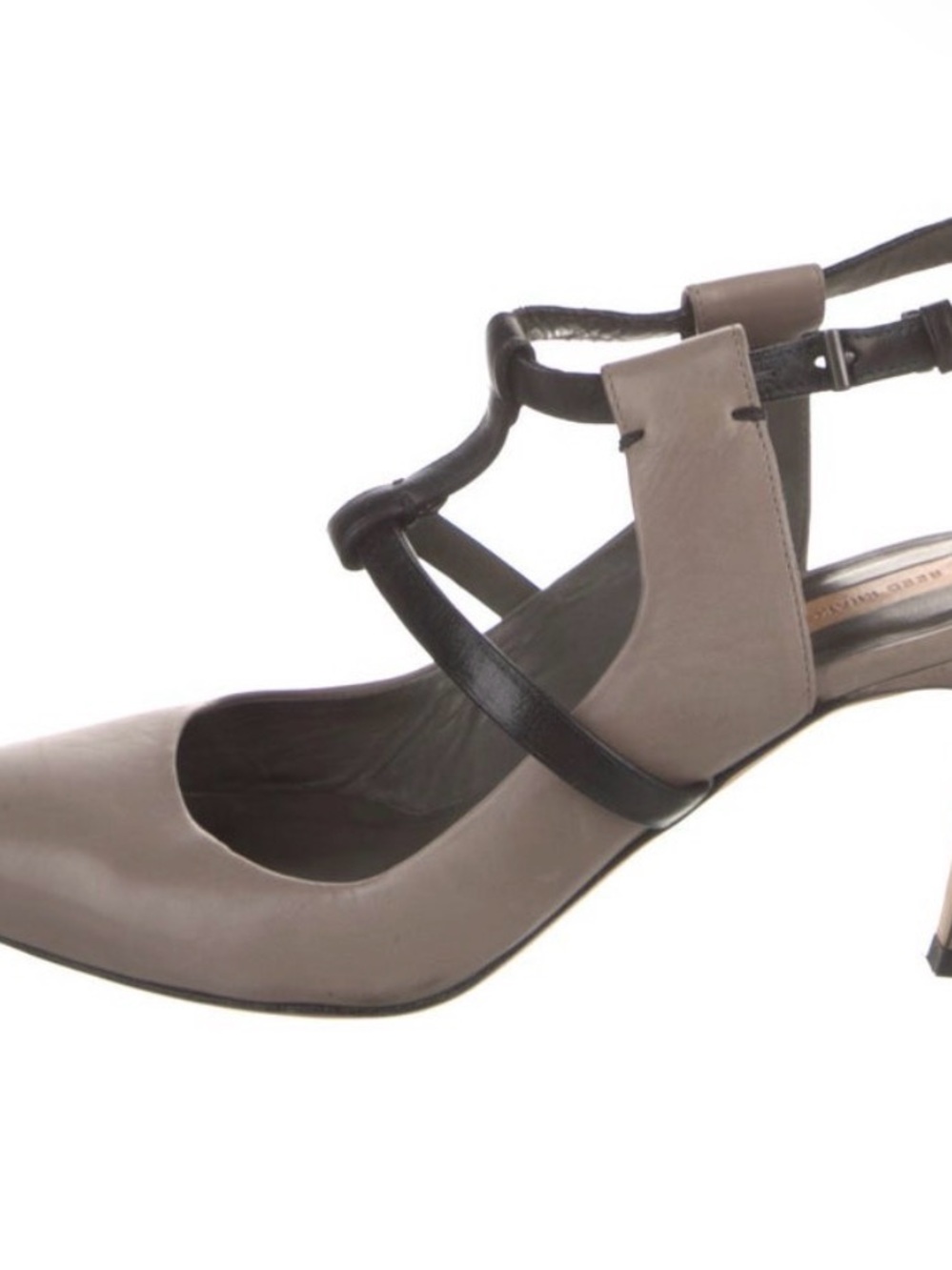 Women's Taupe and Black Strappy Mid-Heel Pumps